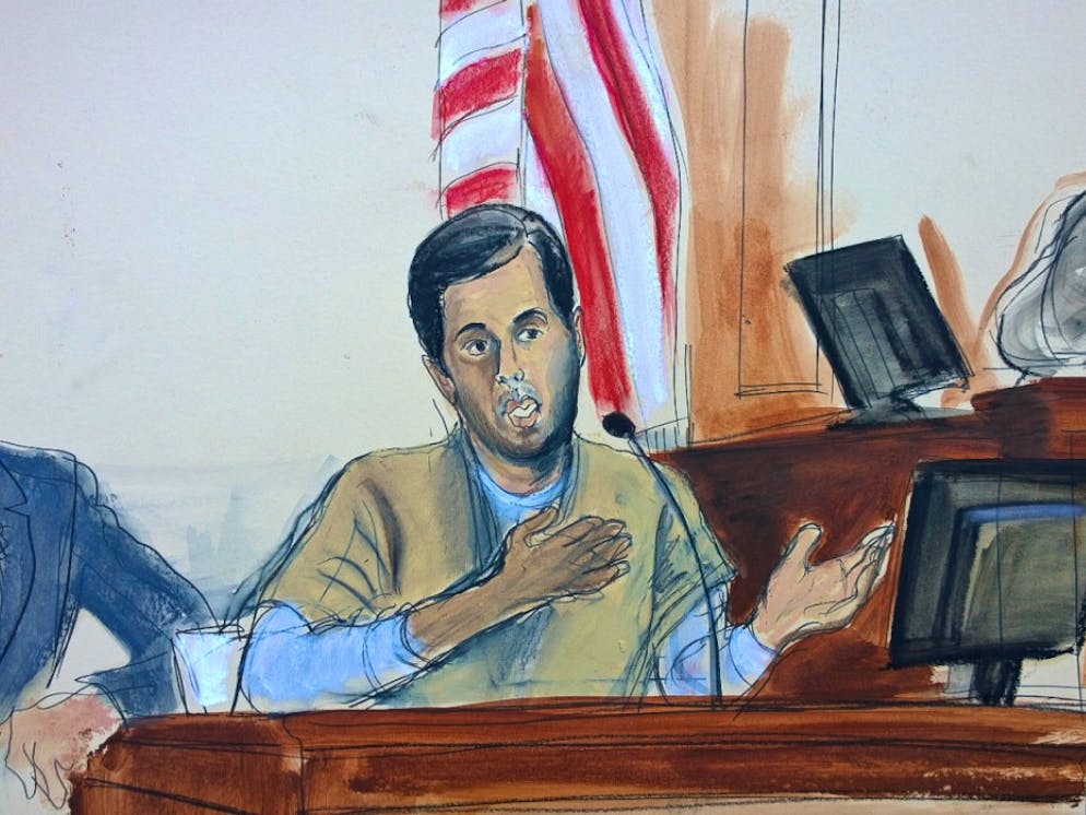 Una vignetta mostra il 34enne imprenditore Reza Zarrab mentre testimonia in tribunale.