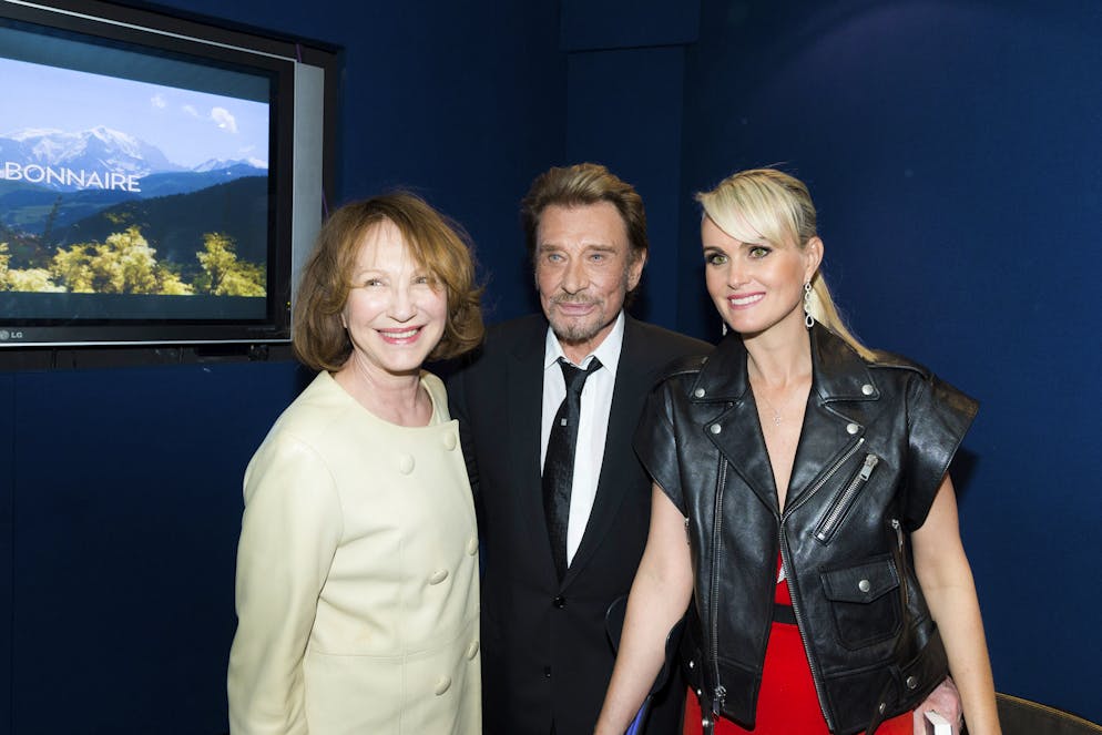 Johnny Hallyday , Laeticia et Nathalie Baye le 31 mars 2014 à Paris,