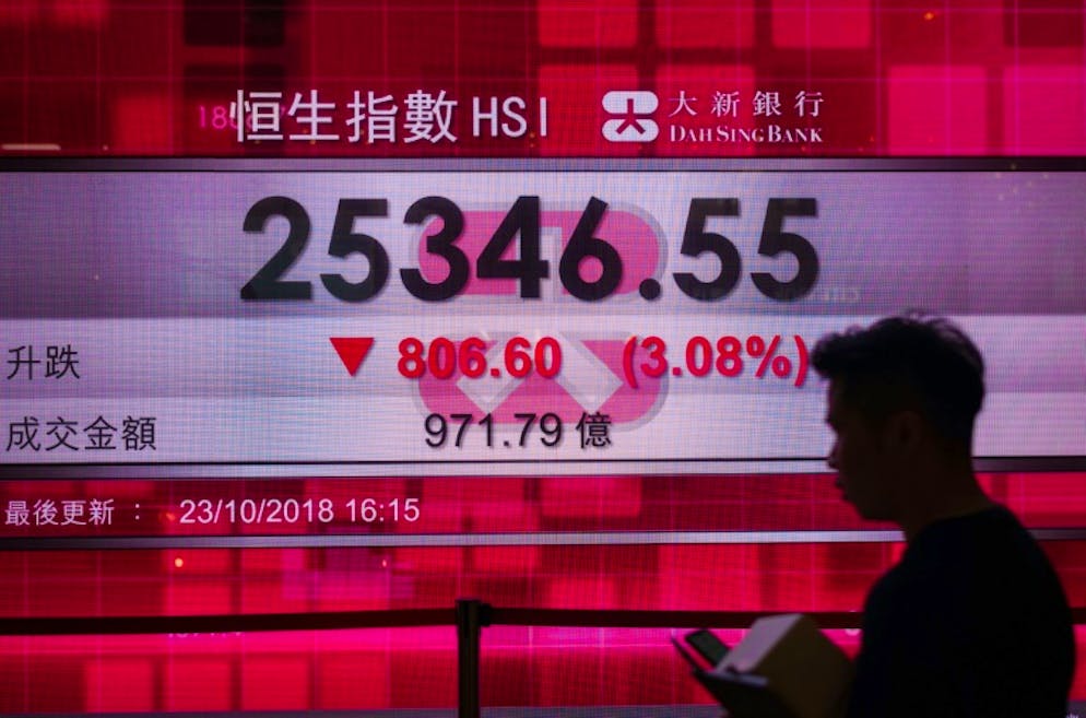 Ecran informatif des cours de la Bourse de Hong Kong, le 23 octobre 2018