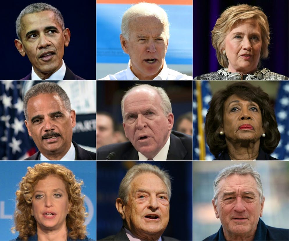 Montage des personnalités visées, du haut vers le bas et de gauche à droite: Barack Obama, Joe Biden, Hillary Clinton, Eric Holder, John Brennan, Maxine Waters, Debbie Wasserman Schultz, George Soros, Robert de Niro