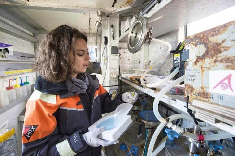 Une scientifique travaille à bord de la goélette Tara de retour à Lorient, le 27 octobre 2018