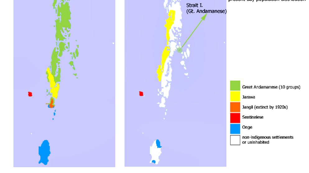 Die Sentinelesen. ... die Kinder werden mit Geschenken zurückgeschickt. Kein Gerschenk sind die eingeschleppten Krankheiten aus dem Westen, die viele Ureinwohner dahinraffen. Die Karte zeigt links die Verbreitung von Völkern vor 1880, rechts dagegen 2004. Die Jangi (Orange) wurden 1920 ausgerottet.