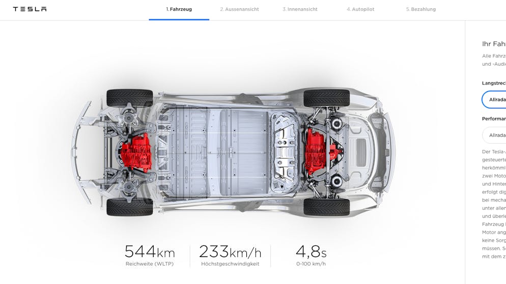 Model 3-Konfigurator: «Bluewin» baut sich einen Tesla. Beim Akku hat man keine Wahl: Hier gibt's erst die Langstrecken-Variante mit 544 Kilometer Reichweite für 59'400 Franken. Eine «Performance»-Version mit schnellerer Beschleunigung steht für 11'900 Franken zusätzlich zur Auswahl.