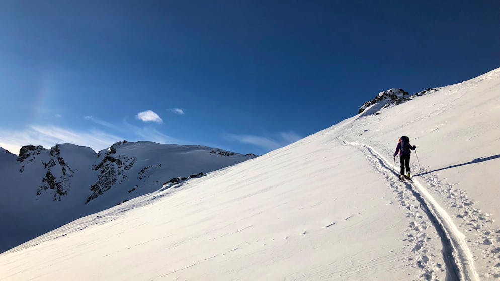 Skitour im Bündner Oberland. Vor uns ist bereits eine Gruppe in Richtung Piz Badus losmarschiert. Erst kurz unter dem Gipfel ziehen wir unsere eigene Route über die Ostflanke des Piz Badus, über den Südgrat des Berges.