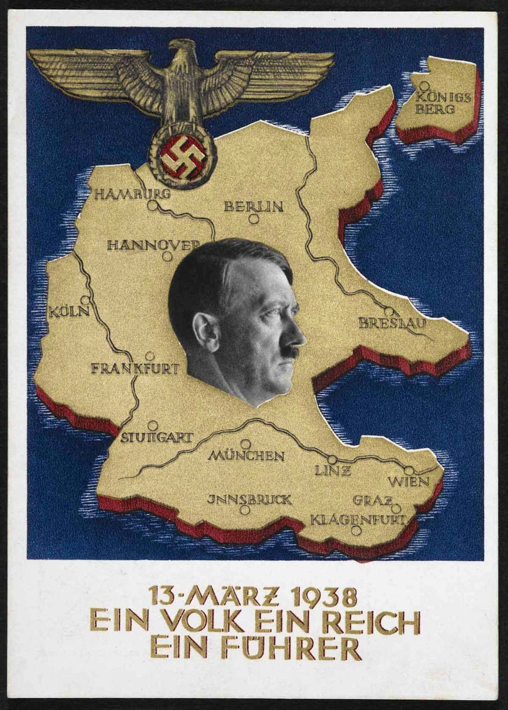Seconde Guerre mondiale: la chronologie des événements. En Autriche, une votation était prévue le 13 mars 1938 pour savoir si la population souhaitait rester indépendante. Cependant, la nuit du 11 au 12 mars, la situation évolue de façon dramatique, quand le Parti nazi autrichien renverse l'ancien gouvernement. Dès le 12 mars, des troupes allemandes entrent en Autriche. Le nouveau gouvernement fédéral autrichien, dirigé par le nazi Arthur Seyss-Inquardt, décide le 13 mars, en accord avec Hitler, le rattachement de l'Autriche au Reich allemand. Ce rattachement, baptisé «Anschluss», est entériné par votation le 10 avril – les autres grandes puissances acceptent alors l'événement comme un fait accompli. Sur la photo: une affiche de propagande nazie pour l'«Anschluss» de l'Autriche. Portrait d'Adolf Hitler, sur une carte de l'Allemagne. Un aigle et une svastika.