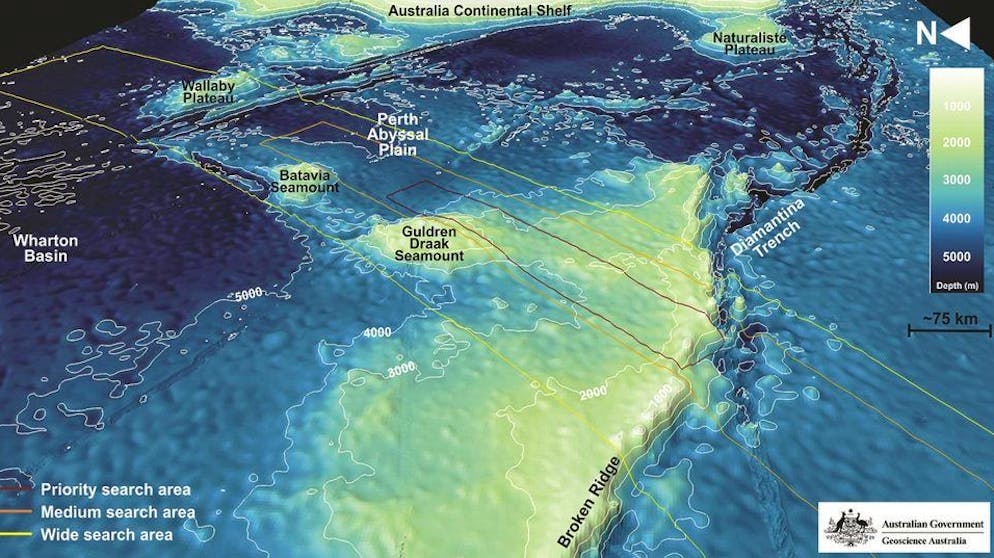 Die erfolglose Suche nach MH370. 3D-Karte des Meeresgrunds im südlichen Indischen Ozean, wo das Wrack der Maschine vermutet wurde.