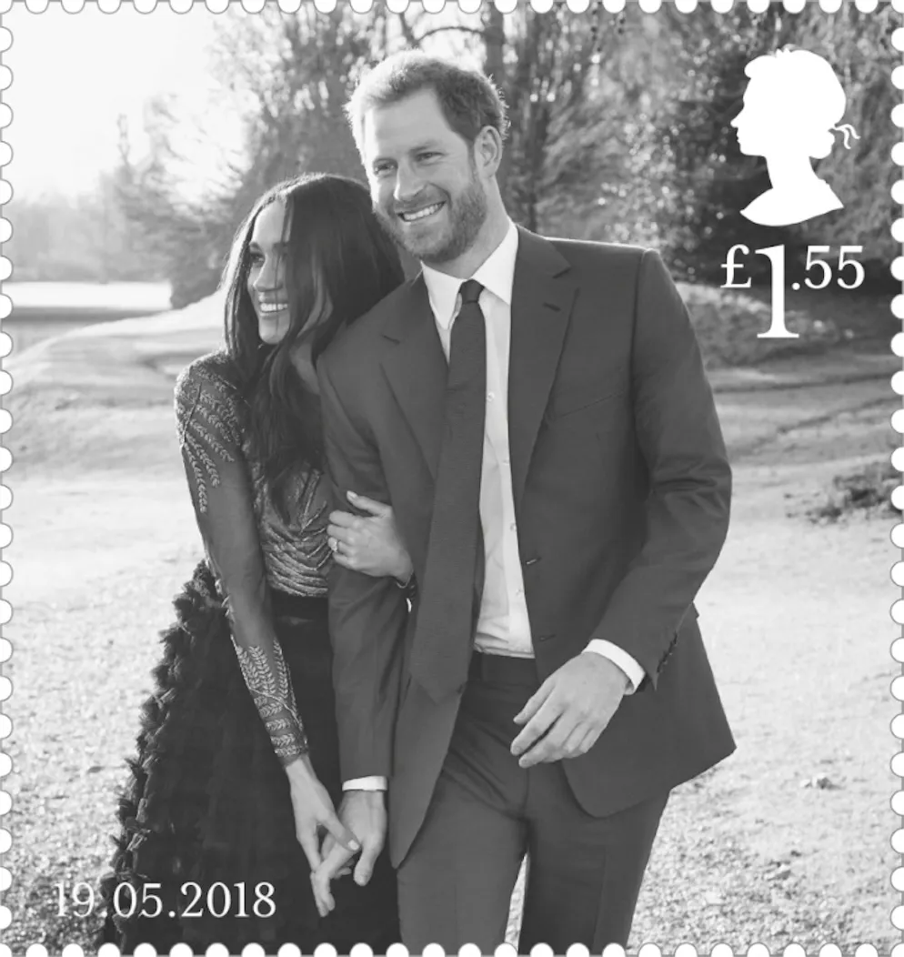 A quatre jours du mariage, psychodrame et timbres poste. Un des deux timbres émis par le Royal Mail britannique pour le mariage du prince Harry et de Meghan Markle