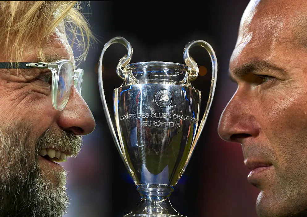 Jürgen Klopp, sinistra, e Zinédine Zidane, i due allenatori di Liverpool e Real Madrid.