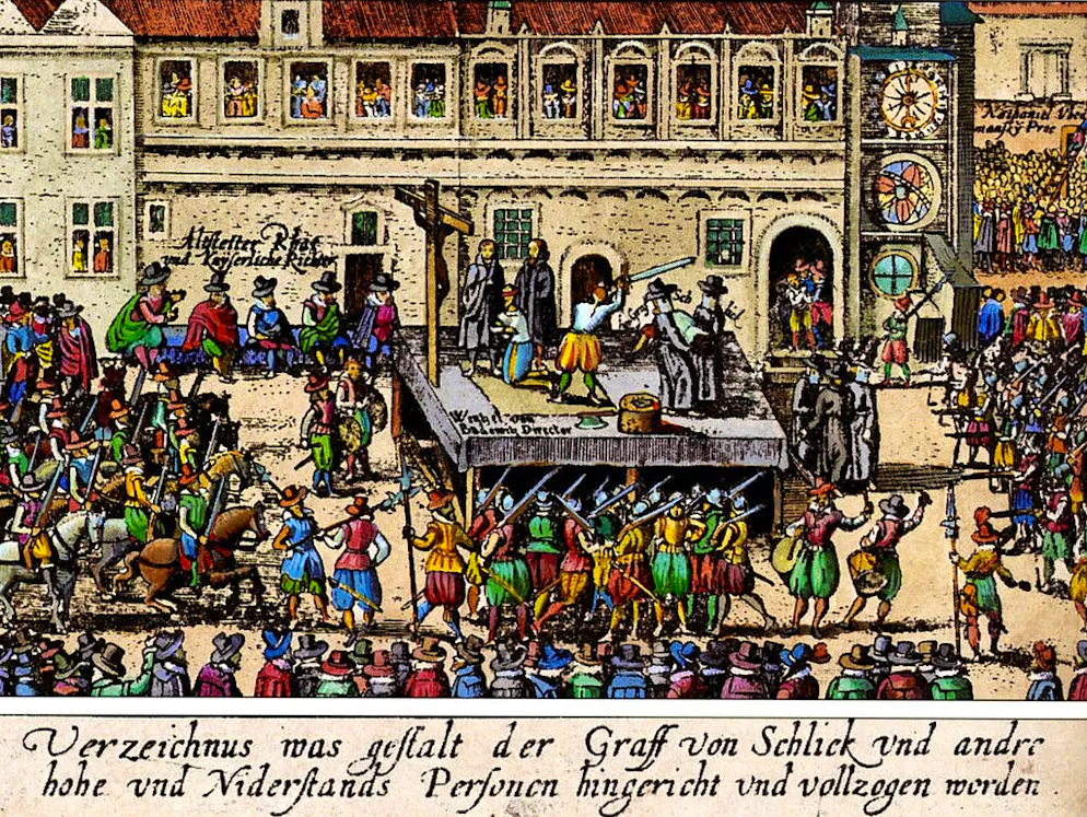 Il y a 400 ans:  la guerre de Trente Ans. L’incident s’est produit dans le cadre de la révolte des Etats de Bohême, majoritairement protestants. Ils se défendaient contre le fait que l’archiduc Ferdinand, futur empereur Ferdinand II, ait restreint leurs droits à vue d’œil depuis 1617. La défenestration est une déclaration de guerre des protestants de Bohême à l’empereur catholique. En photo: exécution de rebelles bohémiens à Prague.