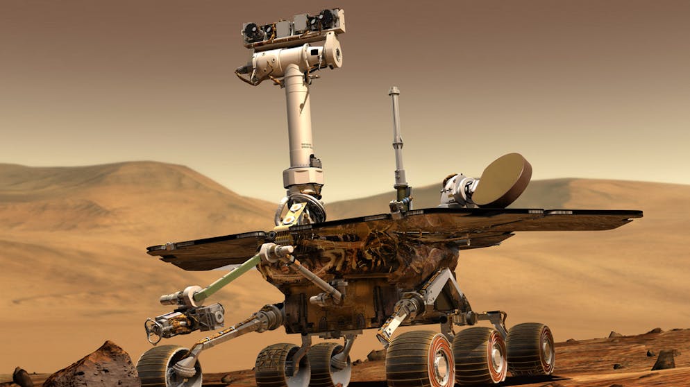 Die lange Mission des Mars-Rovers «Opportunity». Hauptaufgabe des Rovers auf dem Mars war die Suche nach Beweisen für die frühere Existenz von Wasser – die Voraussetzung für die Entstehung von Leben.