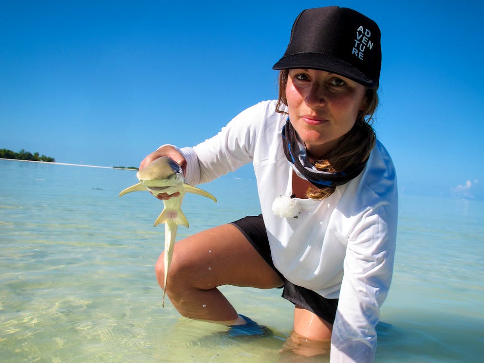 «Wasserwelten»: Ornella Weideli erforscht Haie. Ornella Weideli mit einem Zitronenhai.