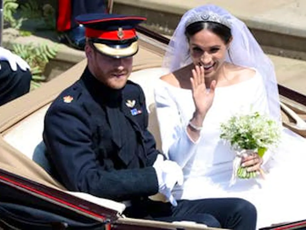 Il matrimonio del principe Harry e di Meghan Markle. Il principe Harry e Meghan Markle lasciano la cappella St. George su una vettura scoperta dopo il matrimonio.