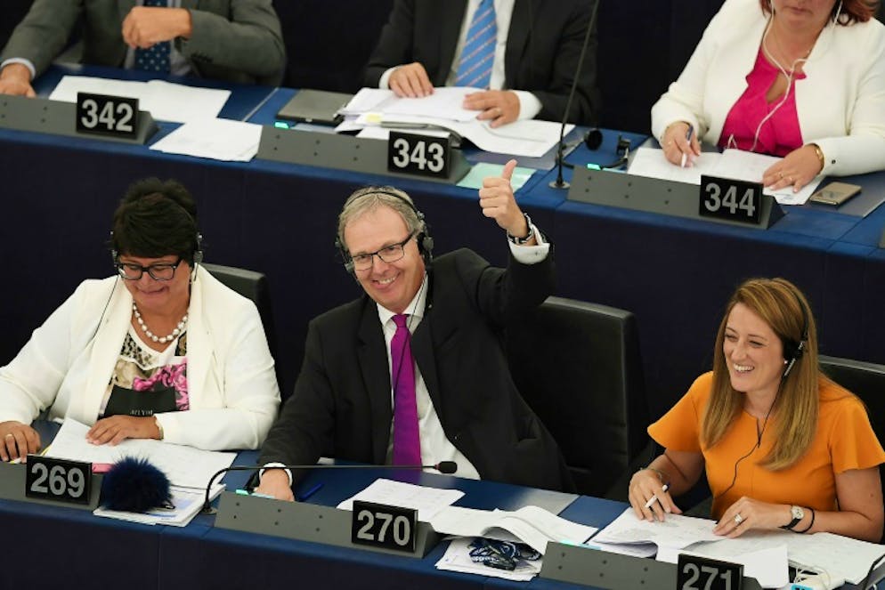 Le député européen Axel Voss réagit après le vote de la réforme du droit d'auteur au Parlement européen, à Strasbourg (France) le 12 septembre 2018