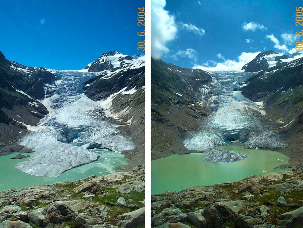Zwei Fotos vom Triftgletscher am 30. Juni 2004 (links) und ein Jahr später. Auch der Gletscherschwund hält in der Schweiz unvermindert an.