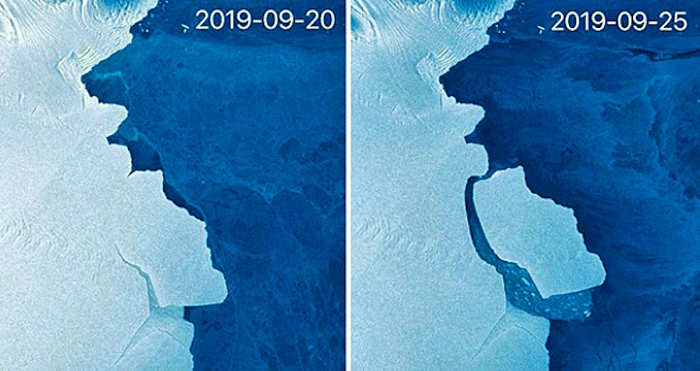 Der Erdbeobachtungssatellit der Europäischen Weltraumorganisation ESA machte Aufnahmen von der Ablösung von Eisberg D28.