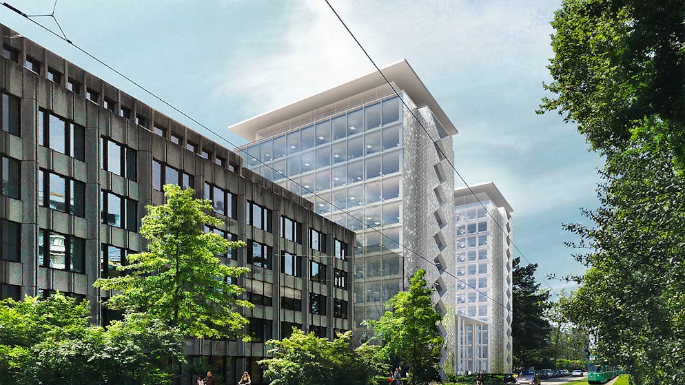 Herzog & de Meuron ergänzen den Helvetia-Altbau an der St. Alban-Anlage in Basel durch einen Zwillingsturm.