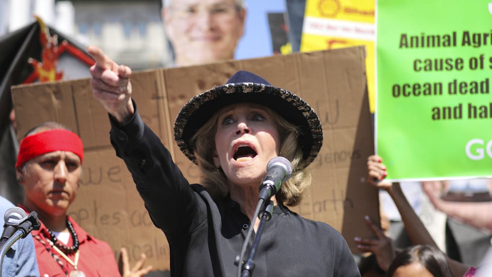 Die US-Schauspielerin Jane Fonda wurde von der schwedischen Klima-Aktivistin Greta Thunberg inspiriert. Das Bild zeigt Fonda an einer Demonstration in Los Angeles am 20. September.