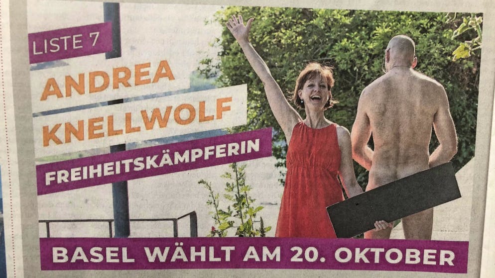 Ein falscher Name, ein nacktes Füdli, ein grenzwertiges «L». Sex sells. Immer. Das weiss auch die Basler CVP-Nationalratskandidiatin Andrea Knellwolf. Sie setzt sich laut eigener Aussage für Freiheit im öffentlichen Raum ein – und zeigt sich fürs Plakat zusammen mit ihrem füdliblutten Partner.