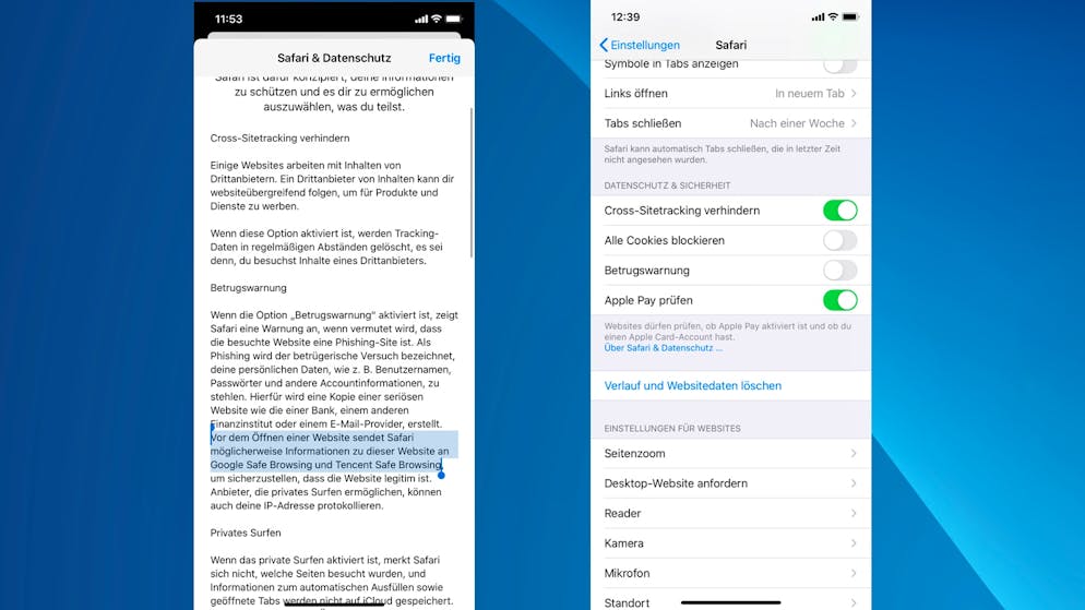 Apple nimmt sich das Recht, Daten an Tencent zu schicken. Durch Abschalten der «Betrugswarnung» lässt sich das unterbinden. Dann allerdings ist man auch nicht mehr vor Phishing-Seiten geschützt.
