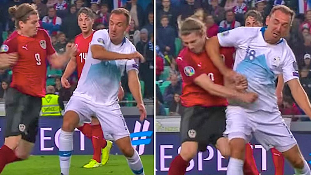 Denis Popovic schlägt Marcel Sabitzer mit voller Wucht den Ellbogen ins Gesicht. Dafür gibt's folgerichtig die rote Karte.