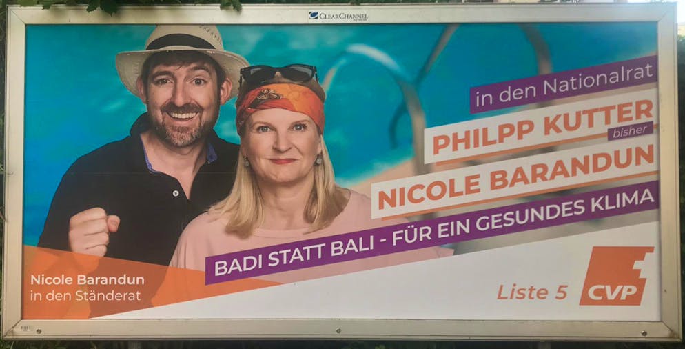 Ein falscher Name, ein nacktes Füdli, ein grenzwertiges «L». «Badi statt Bali» heisst es in Zürich – wie originell dieser Spruch von CVP-Nationalrat Philipp Kutter und Ständeratskandidatin Nicole Barandun ist, sei dahingestellt. Spannender ohnehin: Wer findet den Fehler im Plakat?