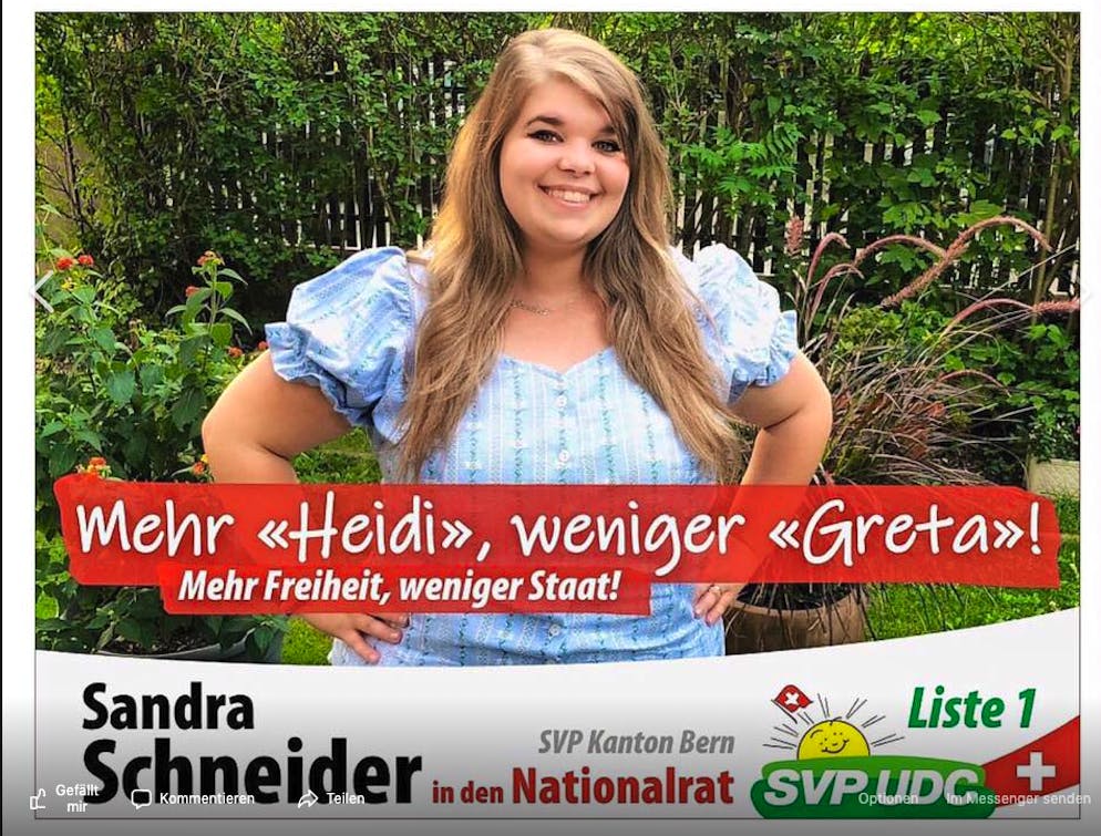 Ein falscher Name, ein nacktes Füdli, ein grenzwertiges «L». «Mehr Heidi, weniger Greta», mit diesem Slogan will SVPlerin Sandra Studer (BE) den Sprung in den Nationalrat schaffen. Sie posiert dafür mit Edelweiss-Bluse.