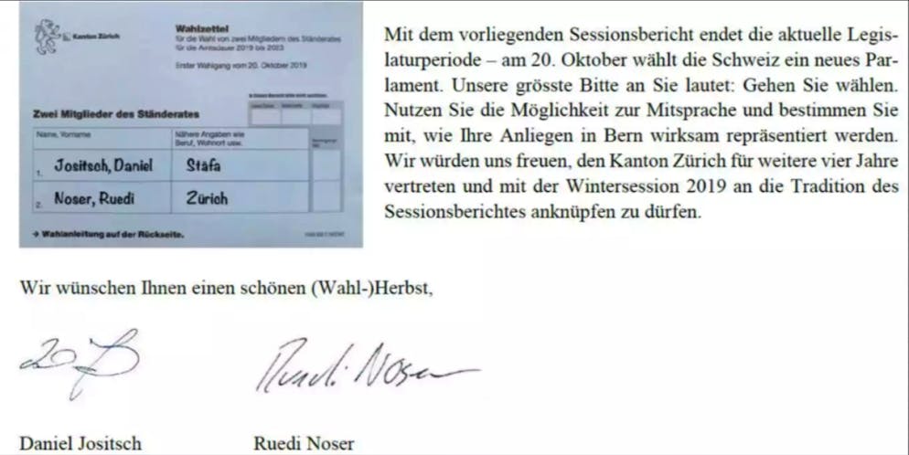 Ein falscher Name, ein nacktes Füdli, ein grenzwertiges «L». Genau, Sie ahnen für wen: Für den zweiten bisherigen Zürcher Ständerat, Ruedi Noser, erst noch von der FDP. 