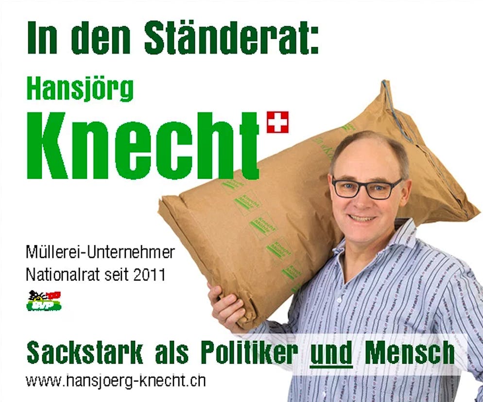 Ein falscher Name, ein nacktes Füdli, ein grenzwertiges «L». Wortwitz gelungen? «Sackstark als Mensch und Politiker», so präsentiert sich SVP-Nationalrat Hansjörg Knecht (AG) bei seinem Ständeratswahlkampf. Der Müller posiert dabei mit einem Sack Mehl auf den Schultern.
