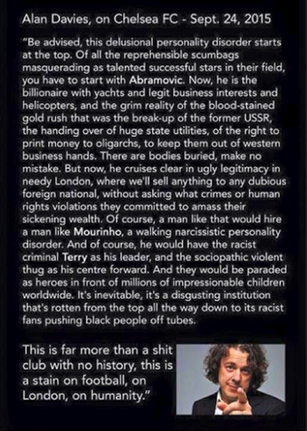 Der britische Komiker Alan Davies über Roman Abramowitsch und den FC Chelsea.