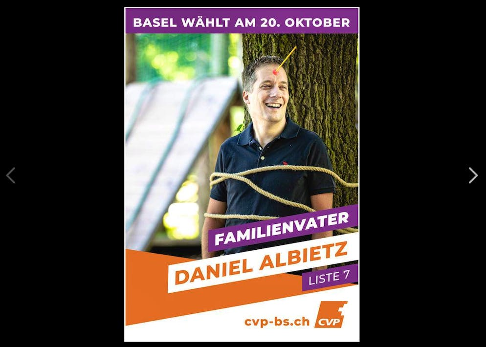 Ein falscher Name, ein nacktes Füdli, ein grenzwertiges «L». Abschliessend noch etwas Humor. Nationalratskandidat Daniel Albietz (BS/CVP) inszeniert sich als gefesselter Familienvater, dem auf der Stirn ein Pfeil klebt.