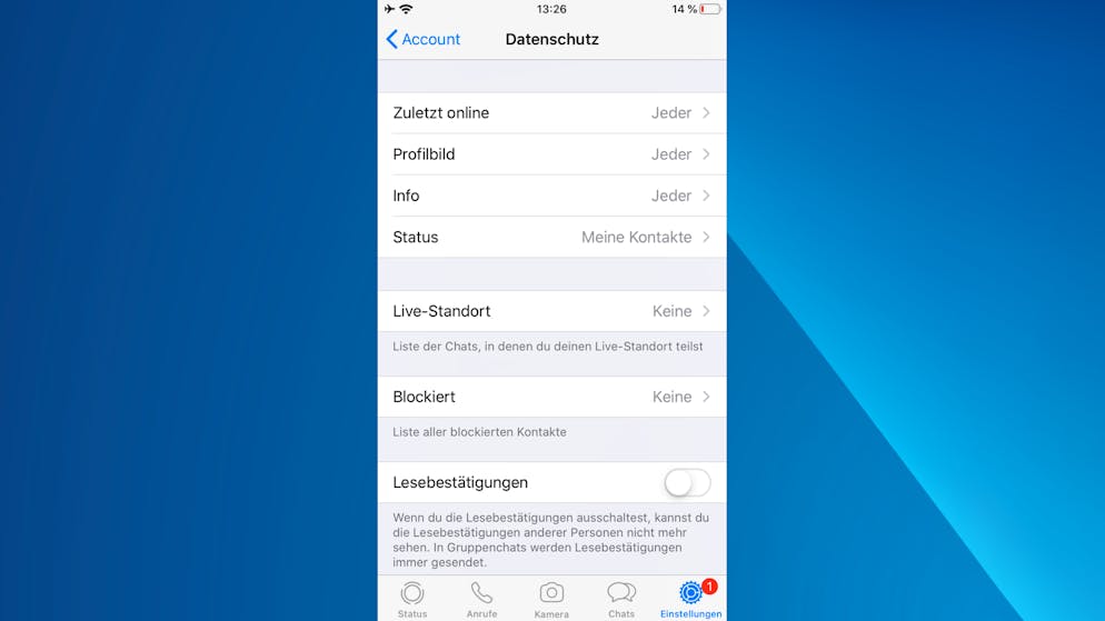 Privatsphäre bei WhatsApp schützen. Die dafür nötigen Optionen sind grösstenteils in den WhatsApp-Einstellungen unter «Account» -> «Datenschutz» zu finden.  Lesebestätigungen lassen sich direkt hier abschalten, weitere Optionen haben ein separates Menü. Standardmässig sind Nutzer nicht gut geschützt.