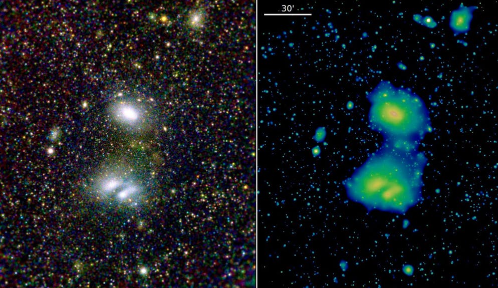 Diese «eRosita»-Bilder zeigen die Galaxienhaufen A3391 und A3395. Die rund 800 Millionen Lichtjahre von der Erde entfernten Galaxienhaufen wurden durch das Teleskop am 17. Und 18. Oktober 2019 aufgenommen.