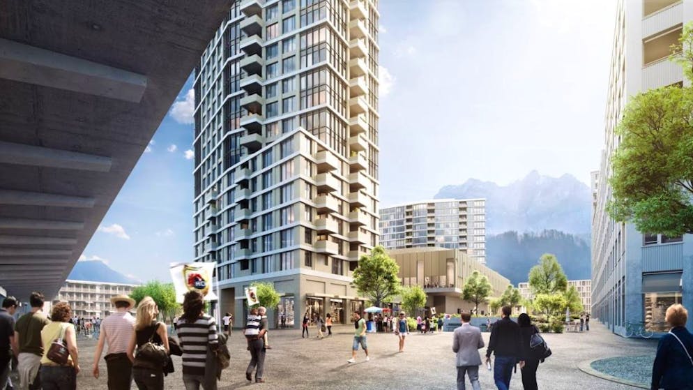 So soll es im neuen Quartier rund um die geplante «Pilatus Arena» in Kriens aussehen. (Visualisierung)