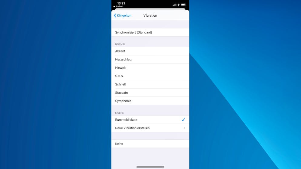 So iPhone-Töne und -Vibrationen personalisieren. Das gerade erstellte Muster wird nun für Vibrationen des aktuellen Kontaktes erstellt.