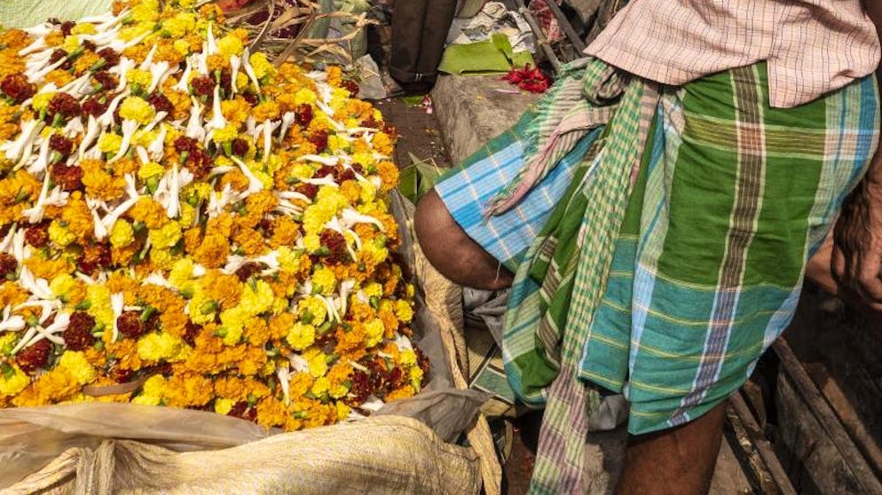 Kalkutta – bunte Metropole am Ganges. Auf dem Blumenmarkt von Kalkutta herrscht im wahrsten Sinne des Wortes buntes Treiben. 