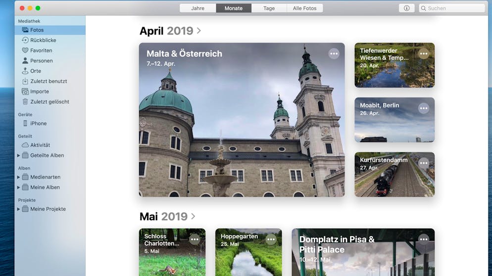 Die neuen Features von macOS Catalina. Die Fotos-App passt sich von Design her iOS 13 an und gruppiert nun automatisch zeitlich und thematisch verwandte Bilder zusammen.