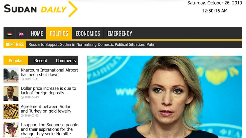 Die Facebook-Seite von «Sudan Daily» wurde gesperrt. Die englischsprachige Website repostet Artikel von «Sputnik». Ähnliche afrikanische Seiten loben Moskau über den Klee, während die Politik von Frankreich und den USA kristisiert werden.