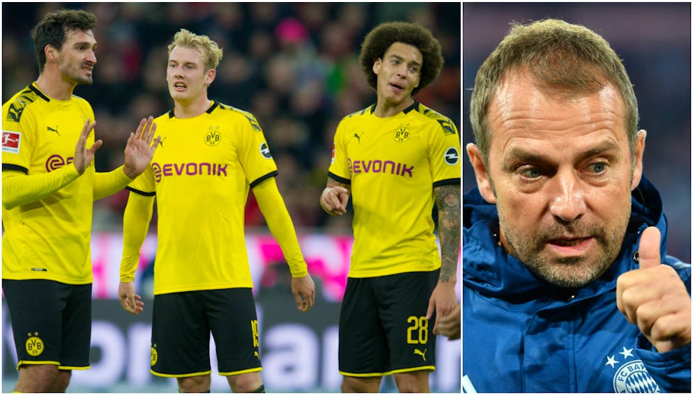 Viel Gesprächsbedarf bei den BVB-Stars um Mats Hummels, Julian Brandt und Axel Witsel (v.l.n.r.), Daumen hoch dagegen bei Hansi Flick von den Bayern-Bossen.
