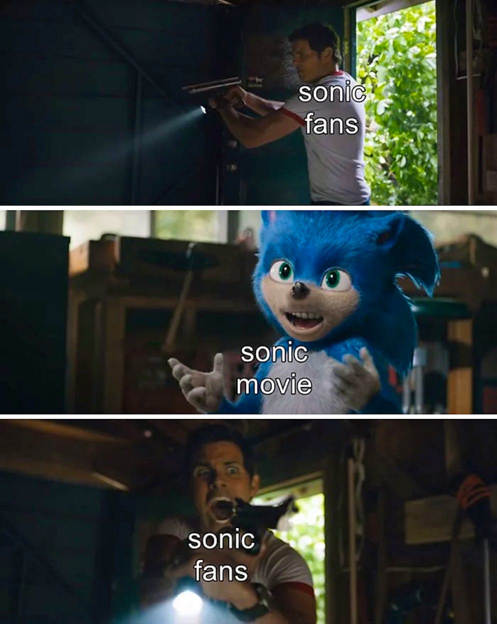 Die Reaktion von Sheriff Tom Wachowski, als er Sonic zum ersten Mal zu Gesicht bekommt, stimmt mit derjenigen der Fans ziemlich genau überein.