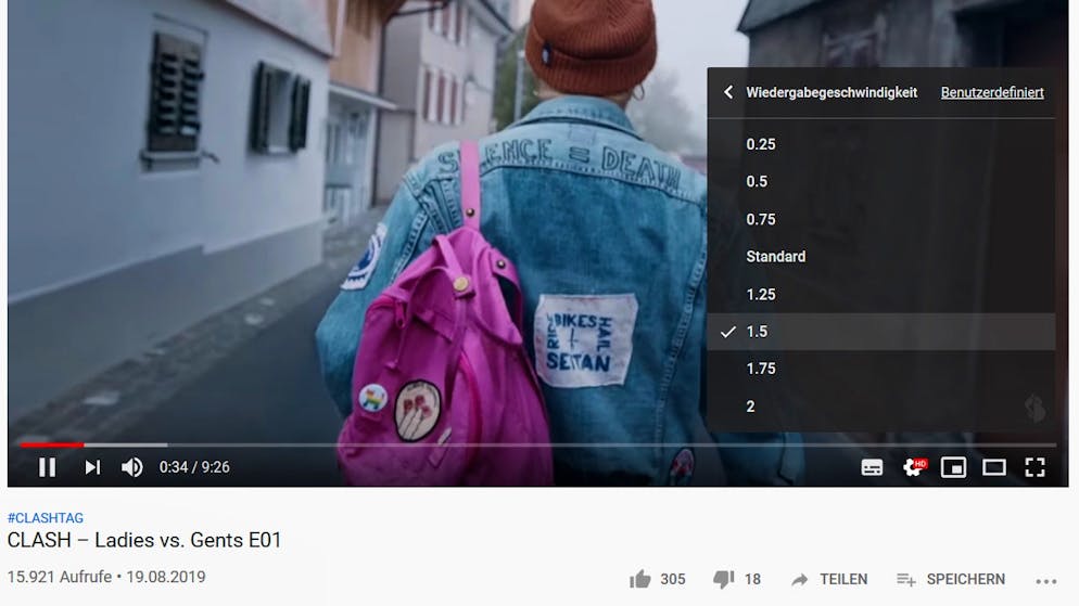So Serien und Podcasts schneller abspielen. YouTube liefert dann einige Vorschläge, wie schnell abgespielt werden soll. Die Geschwindigkeit kann oben rechts aber auch benutzerdefiniert angepasst werden.