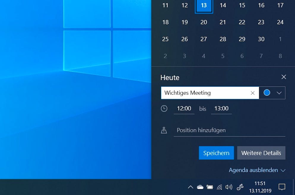 Kalendereinträge lassen sich direkt von der Taskleiste erstellen.