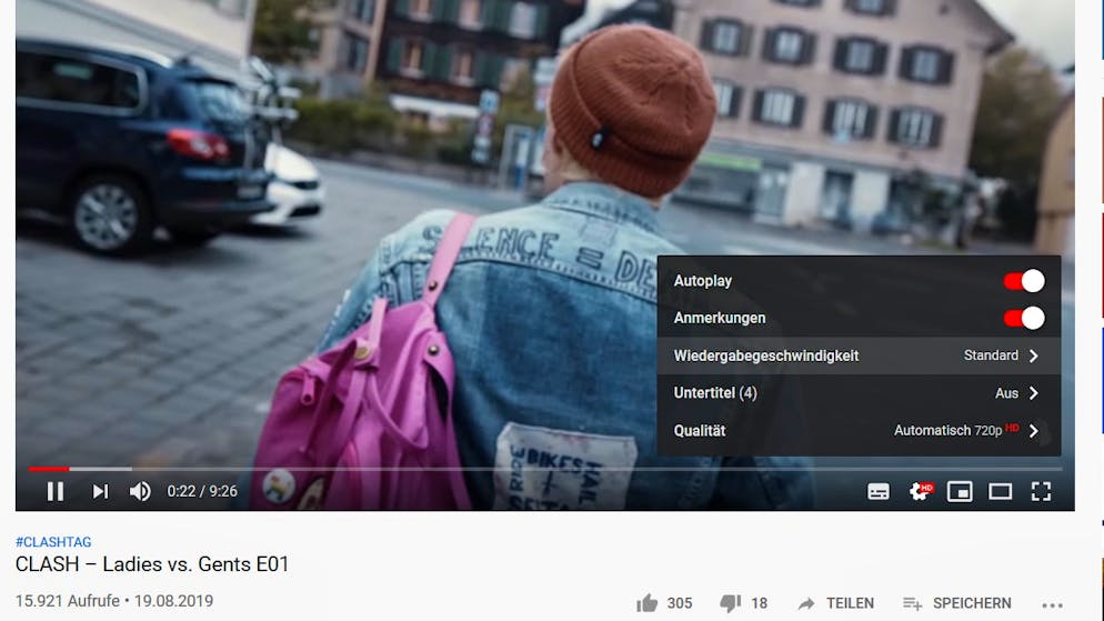 So Serien und Podcasts schneller abspielen. YouTube hat eine eingebaute Funktion zum schnelleren Abspielen. Dazu muss man einfach auf das Zahnrad klicken und «Wiedergabegeschwindigkeit» auswählen.