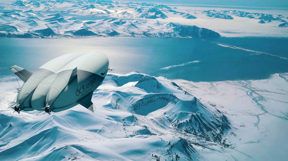 Im Fünf-Sterne-Luftschiff an den Nordpol. Bis dahin will das schwedische Unternehmen OceanSky ein fast 100 Meter langes Luftschiff des Typs Airlander 10 als fliegendes Luxushotel im Betrieb haben. 