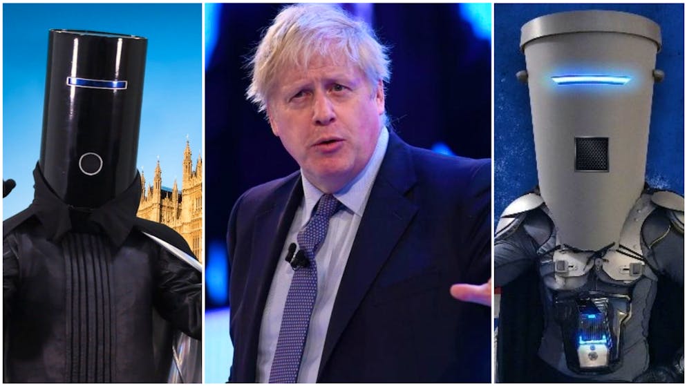 Eimerkopf und Mülltonnengesicht: Boris Johnson (Mitte) muss seinen eigenen Wahlkreis bei der Wahl zum britischen Unterhaus gegen Ausserirdische verteidigen.