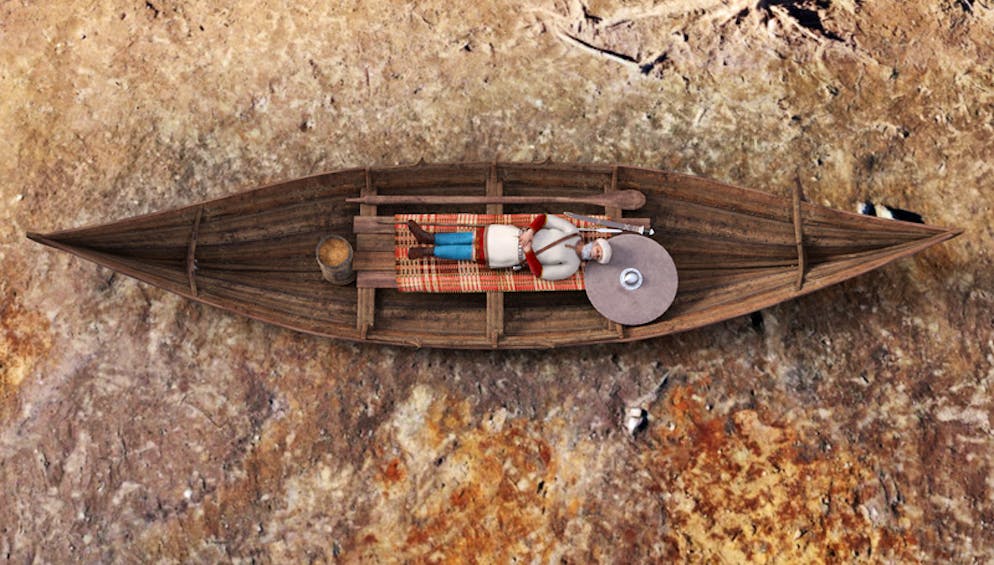 Fund in Norwegen: Mysteriöse Bootsgräber aus der Wikingerzeit. Wie sich herausstellte war das Boot mit der Leiche der Frau in das etwas grössere Bootsgrab des bestatteten Mannes eingelassen. Im Bild: Die modellhafte Darstellung der Beerdigung eines Mannes in einem Bootsgrab in der Wikingerzeit in Norwegen (undatierte Aufnahme).