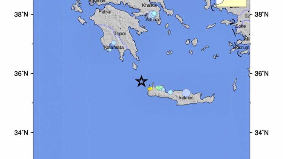 Die Grafik des US-Erdbebeninstituts zeigt das Epizentrum des Erdbebens in Griechenland.