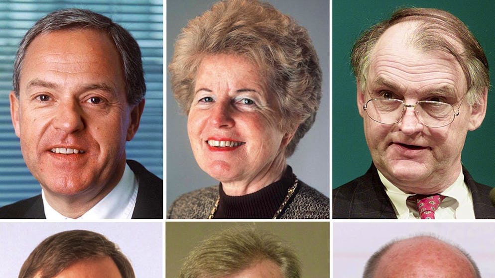 Swissair-Führung höchstrichterlich entlastet. 6 der 14 von der Swissair-Liquidatorin eingeklagten ehemaligen Führungskräfte (oben von links: Lukas Mühlemann, Verena Spörry, Mario Corti, unten von links: Philippe Bruggisser, Andres Leuenberger, Thomas Schmidheiny). Sie haben laut Bundesgericht nicht pflichtwidrig gehandelt.