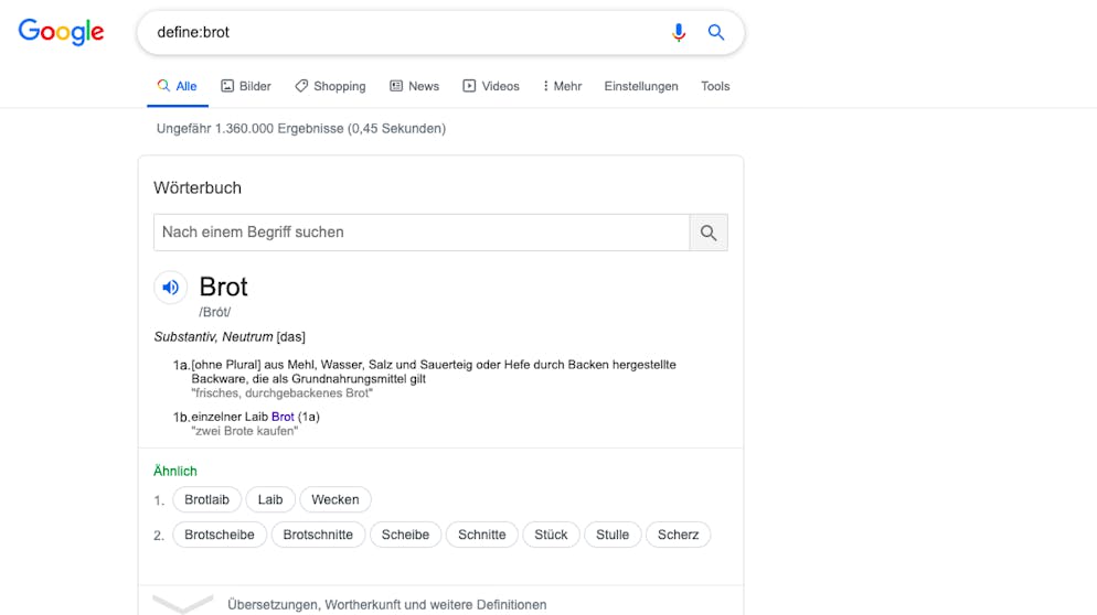 So wird man zum Google-Profi. Mit «define:» gefolgt von einem Wort kann man sich die Definition dieses Begriffes anzeigen lassen.