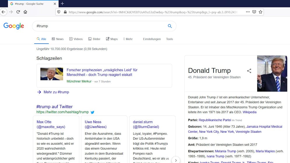 So wird man zum Google-Profi. Alternativ kann auch auch das Hashtag # verwendet werden. Hier erscheinen die Twitter-Ergebnisse dann in Registerkarten über anderen Suchergebnissen zu dem Begriff.