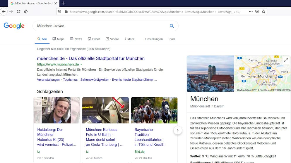 So wird man zum Google-Profi. Durch Einbau des Minuszeichens (-) vor einem Wort kann man ausschliessen, das Ergebnisse mit eben jenen erscheinen. Das ist etwa praktisch, wenn die Suchergebnisse nicht durch aktuelle Ereignisse kontaminiert werden sollen.